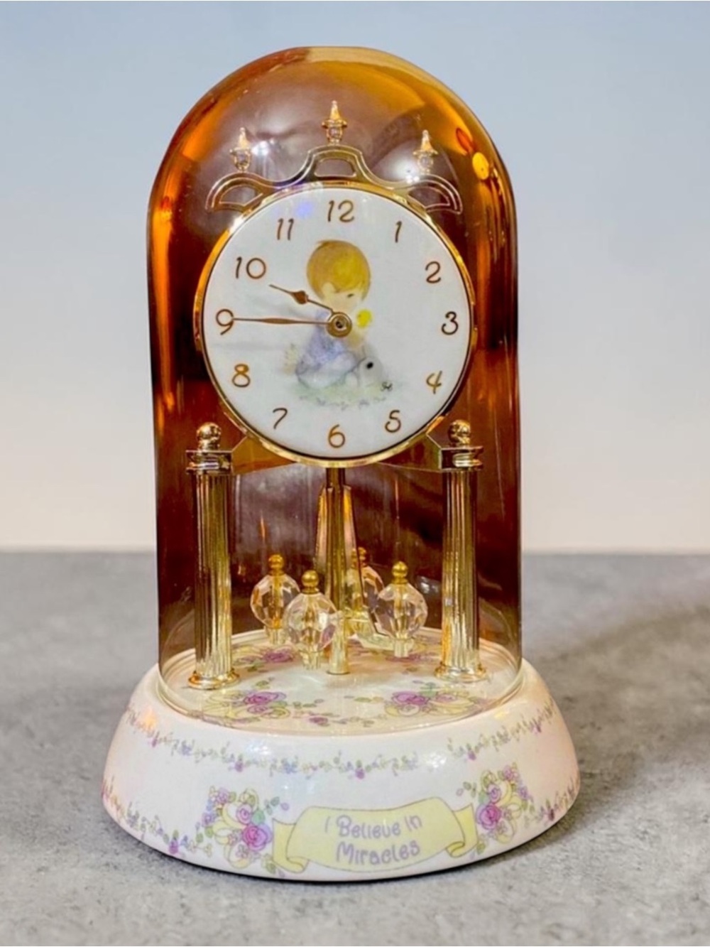 Vintage Precious Moments I Believe in Miracles Porcelain Glass Dome Clock
